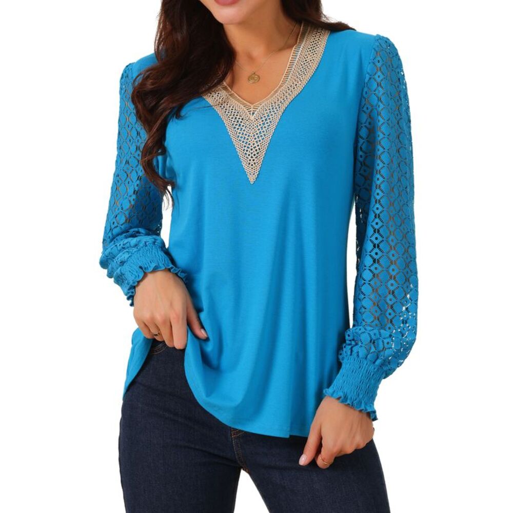 Lace V Neck Simple Casual Tops Fall Winter Fashion T Shirt Blue